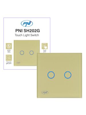Intrerupator dublu cu touch PNI SH202G din sticla, gold cu LED indicator, culoare auriu