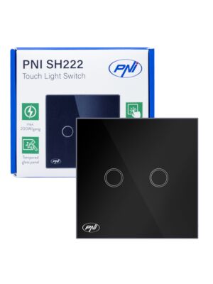 Intrerupator dublu cu touch PNI SH222 din sticla, negru cu LED indicator, 10A, 2X200W